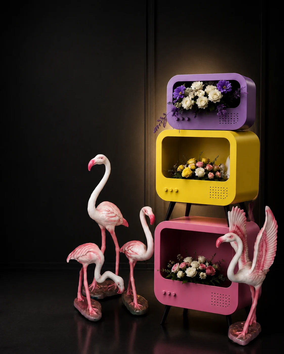 Sajavat Rental Studio Retro Floral TV Display Boxes & Pink Flamingos Setup